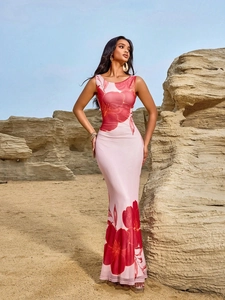 Elegant Pink Floral Print Halter Backless Maxi Dress For Women Summer Vacation Sleeveless Bodycon Long Sundress Polyester