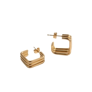 Minimalist gold stainless steel earrings with geometric triple-tube square open design
