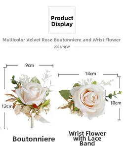 Detail of cream artificial rose boutonniere and wrist corsage with lace and gold leaves
