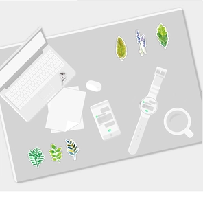 Flat lay of nature-themed stickers with green leaves and flowers on a modern desk setup
