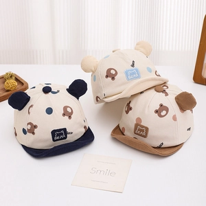 Corduroy baby caps with bear print and soft brim in beige, blue and brown set