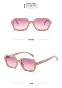 Front and side views of cream pink rectangular sunglasses with gradient purple lenses