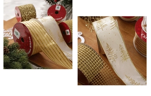 Detail of Christmas sheer ribbon rolls with golden snowflake and tree patterns