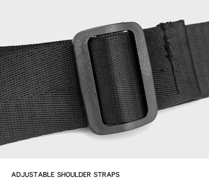 Close-up of high-density black nylon adjustable shoulder strap with plastic buckle