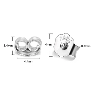 Macro detail of S925 sterling silver butterfly earring backs with exact measurements