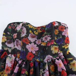 Sweet floral organza strapless bubble dress with waist-slimming puff silhouette