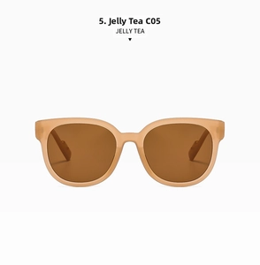 Detail view of round retro jelly tea resin frame sunglasses with dark brown lenses