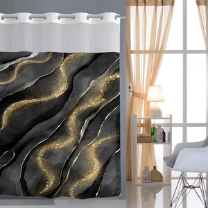 Detail of marble pattern shower curtain with metal grommets and black gold abstract design