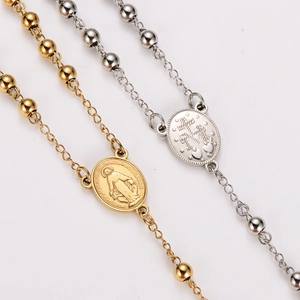 Gold and silver beaded rosary necklaces with Saint Mary and cross religious pendants
