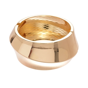 Polished gold wide bangle with geometric facets and functional hinge closure for women