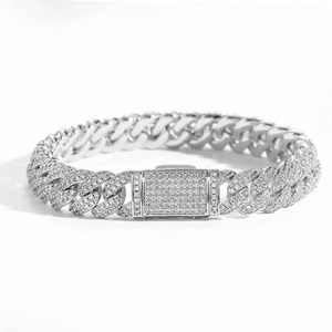 Iced out 10mm double row cubic zirconia silver cuban link bracelet for men hip hop style