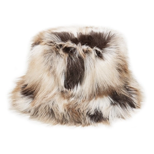 Detail of plush faux fox fur bucket hat with brown and beige gradient textures