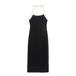 Robe Midi Femme Élégante Dos Nu Coupe Slim Couleur Contrastée Sans Manches Maille Polyester Soirée