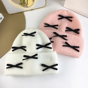 Winter Rabbit Hair Knitted Beanie Hat for Women Cute Bowknot Ear Protection Warm Skull Cap Korean Style Fashion Solid Color