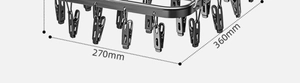 Detail showing 360mm by 270mm dimensions of the multi-clip stainless steel drying rack