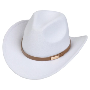 Detail of white felt cowboy hat featuring a brown leather strap and gold buckle accent