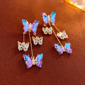 Elegant butterfly tassel earrings with colorful zircons and golden finish for women