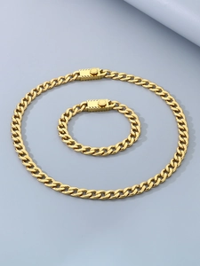 Detailed view of a gold cuban link necklace and bracelet set with rectangle clasp