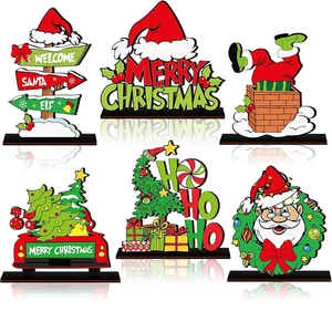 Set of 6 wooden Christmas desk ornaments with Santa, reindeer, and festive signs