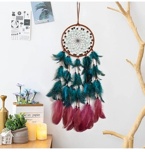 Detail of handcrafted vintage dreamcatcher with peacock feathers and wooden beads