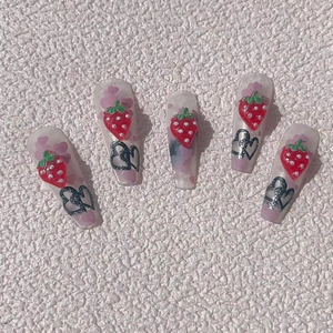 3D red strawberry and heart design press-on nails set with pink gradient finish