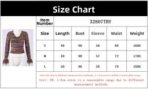 Detailed size chart for slim fit V-neck knit top with feather trim sleeve cuffs