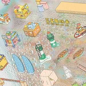 Waterproof 3D Xiamen city pet sticker featuring hand-drawn cartoon docks and lighthouses