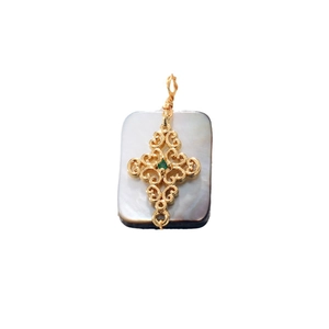 Luxurious rectangular mother of pearl pendant with gold filigree and green gemstone