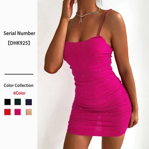 Mini Abito Donna Glitter Spalline Spaghetti Arricciato Bodycon Sexy Party Club Senza Maniche Schiena Scoperta Slim Fit