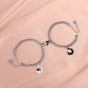 Bracelet Couple Astronaute Acier Inoxydable Chaîne Cubaine Alliage Pendentif Coeur Magnétique Argent Gourmette Pour Homme Femme