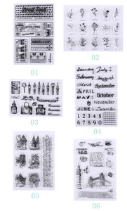 Detail view of vintage clear silicone stamps with floral and London travel themes for DIY