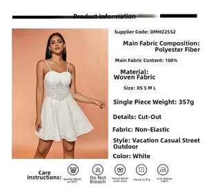 Detailed size chart for white hollow-out lace mini dress with material specifications