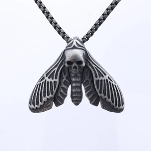 Gothic skull moth pendant necklace in vintage silver finish with durable chain