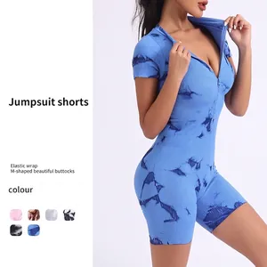 Women Tie-Dye Short Sleeve Yoga Romper Ribbed Seamless Zip Front Fitness Jumpsuit Slim Fit Workout Athletic Bodycon Suit