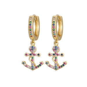 Luxury anchor earrings with colorful cubic zirconia in gold plating for women