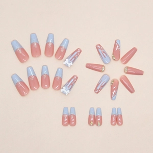 Long ballet press-on nails in pink and blue with 3D bows and sparkling rhinestones
