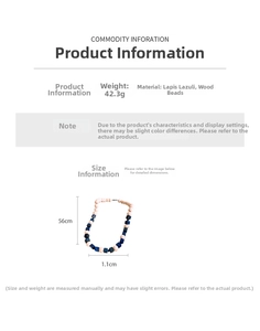Detail showing lapis lazuli and wooden beads necklace with a 42.3g weight measurement
