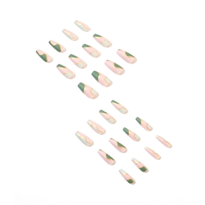 Graffiti colorblock long coffin press on nails with pink, green and gold wave patterns