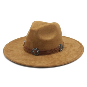 Classic camel faux suede cowboy hat with wide brim and turquoise metal bead band
