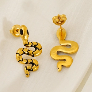 Chic 18k gold plated stainless steel snake stud earrings with black enamel detail