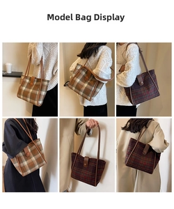 Detailed views of checkered tweed tote bag showing leather straps and magnetic closure