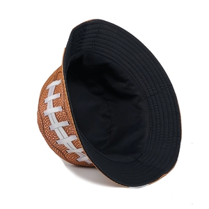 American football patterned reversible bucket hat with creative leather print and white stitching