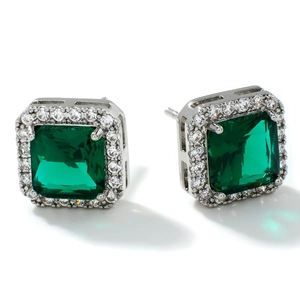 Elegant square emerald stud earrings with halo diamonds on a silver base, classic style