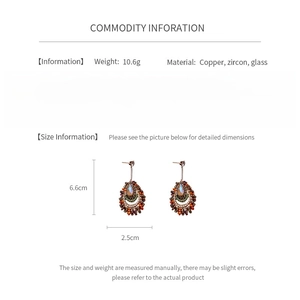Detailed spec sheet showing zircon tassel earrings dimensions 6.6cm and weight 10.6g