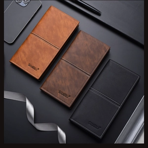 Detailed view of slim long leather wallets in brown and black with decorative stitching