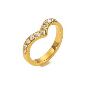 Minimalist V-shaped gold stainless steel ring set with sparkling square zirconias