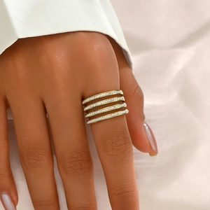 Minimalist gold geometric multilayer adjustable open ring with white cubic zirconia stones