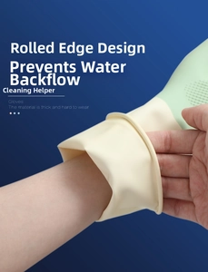 Detail of rolled cuff design on two-tone cleaning gloves to prevent water backflow