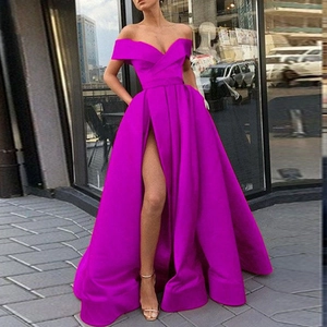 Elegant off-shoulder fuchsia satin evening dress with a high side slit for formal events