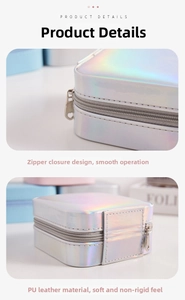 Macro detail of holographic silver PU leather jewelry box with smooth zipper closure